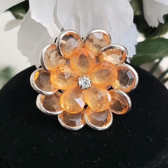 Vint Orange Marmalade Flower Power Ring FS Rhinestone Center 1.5 x 1.5 - Picture 6 of 9